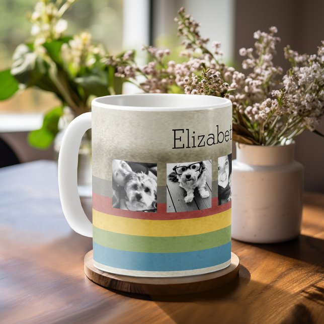 Caneca De Café Colar Personalizado Hipster Arco-íris Rústico 4 Fo (Mug template with a place for photos and custom text)