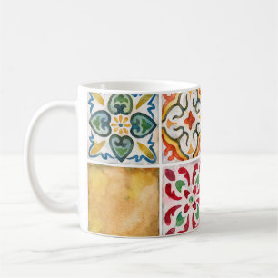 Caneca De Café Coleção de azulejos de cerâmica com aquarela. Vint