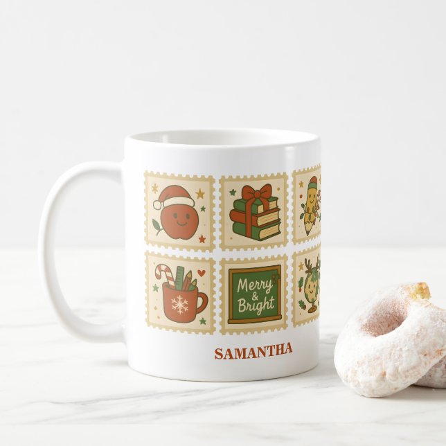 Caneca De Café Collage Mug, professor de Natal | Feliz e Brilho (Com Donut)