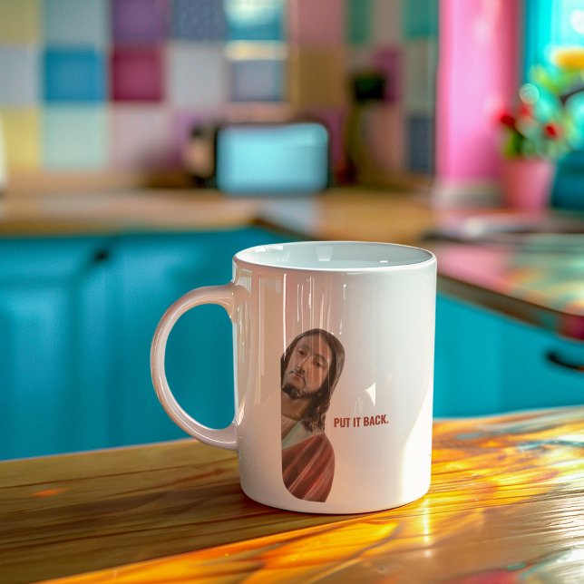 Caneca De Café Coloque De Volta Jesus Engraçado No Fundo Branco (Criador carregado)