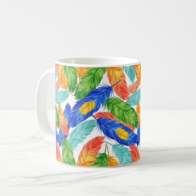 Caneca De Café Colorful Feather Pattern — Watercolor Abstract (Frente Esquerda)