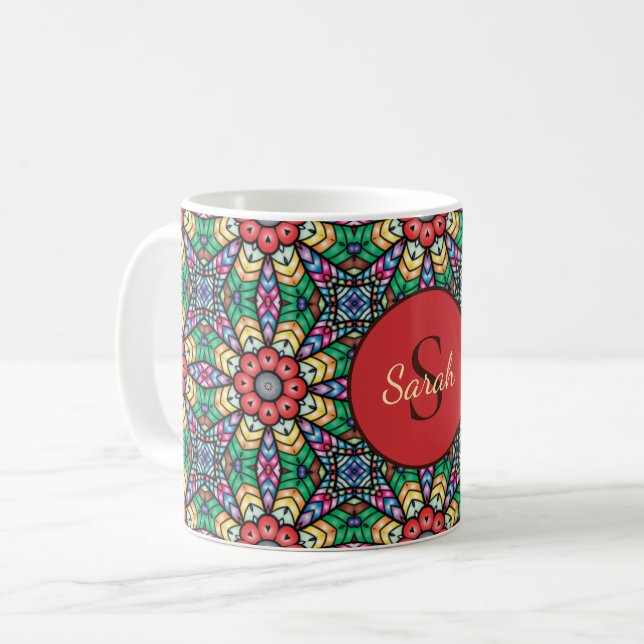Caneca De Café Colorful Ornate Kaleidoscope Elegant Monogram (Frente Esquerda)