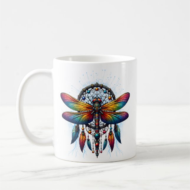 Caneca De Café Colorful Psychedelic Dragonfly Dreamcatcher Boho (Esquerda)