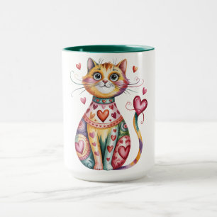 Caneca de café colorida com desenho de gato e cora