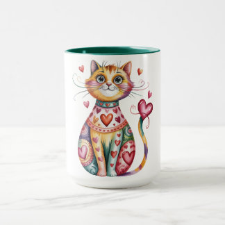 Caneca de café colorida com desenho de gato e cora