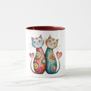Caneca de café colorida com um par de gatinhos amo