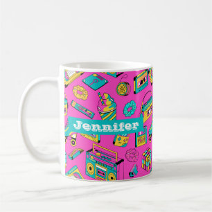 Caneca De Café Colorida Retro 80s Girly Neon Pink Pattern Name