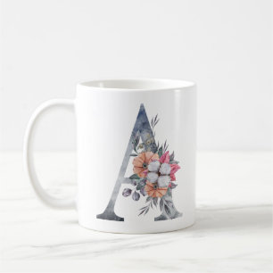 Caneca de Café com Aquarela Floral Azul Monograma
