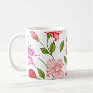 Caneca de Café com Arte Botânica de Hibisco Rosa T