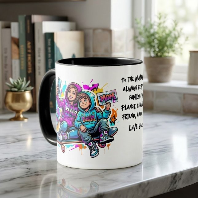Caneca de Café com Arte de Grafite de Mãe e Filho (Criador carregado)
