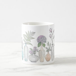 Caneca de Café com Arte de Linha Botânica Floral V