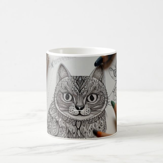 Caneca de Café com Arte de Linha de Mandala de Gat (Centro)