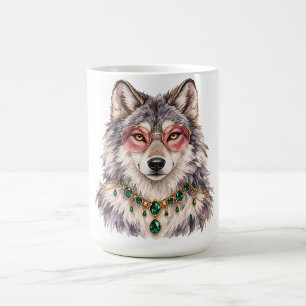 Caneca de Café com Arte de Lobo Cinza em Aquarela