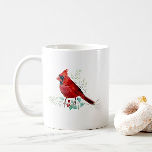 Caneca de Café com Arte em Aquarela do Pássaro Car (Red Cardinal Bird Watercolor Art Coffee Mug from Jenn's Emporium. )