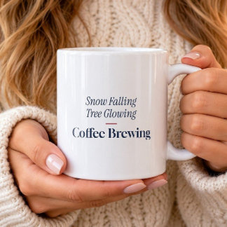 Caneca de Café com Árvore Iluminada e Neve Caindo