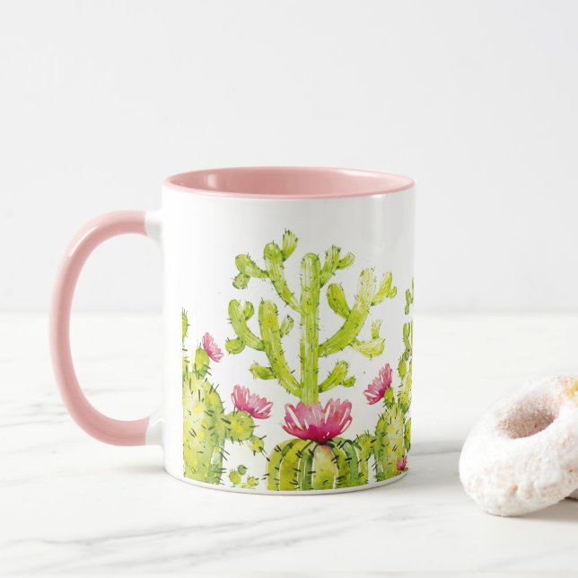 Caneca de Café com Belo Cacto do Deserto e Flor Ro (Com Donut)