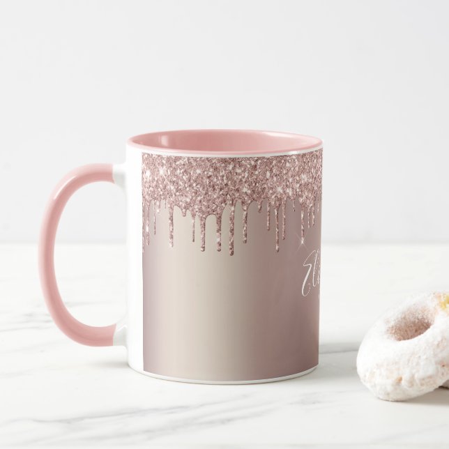 Caneca de Café com Brilho Rosado Dourado Monograma (Com Donut)