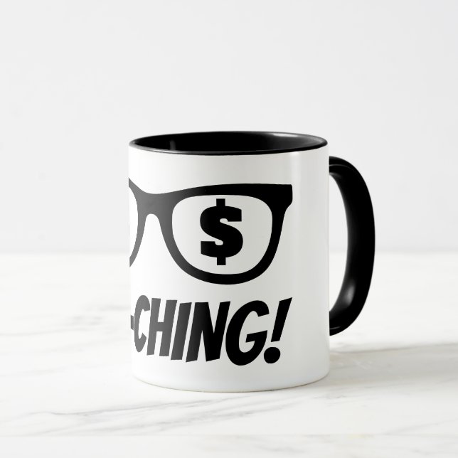Caneca de café com cifrão Ka-ching nos olhos (Frente Esquerda)