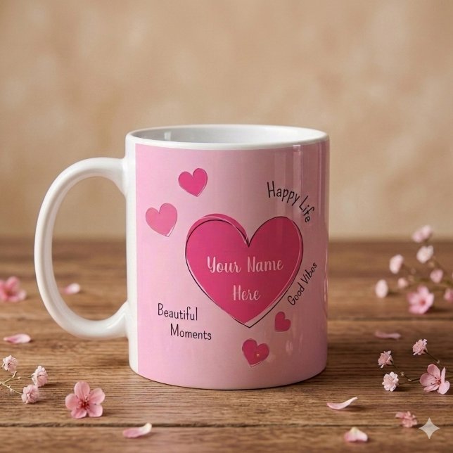 Caneca de Café com Corações Rosas Personalizada (Pink ceramic mug with pink hearts and customizable texts.)