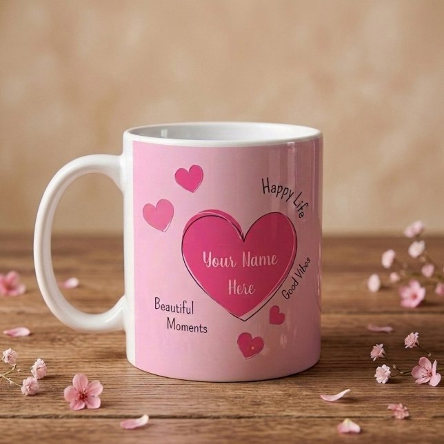 Caneca de Café com Corações Rosas Personalizada (Fully customizable pink hearts coffee mug with editable text)