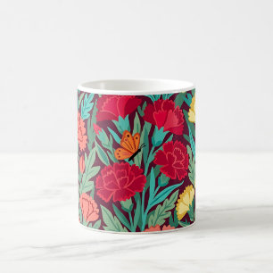 Caneca de Café com Cravos e Borboletas Abstratos