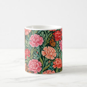 Caneca de Café com Cravos e Borboletas em Gouache
