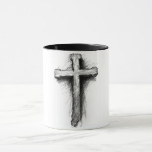 Caneca de café com cruz cristã ousada e gráfica