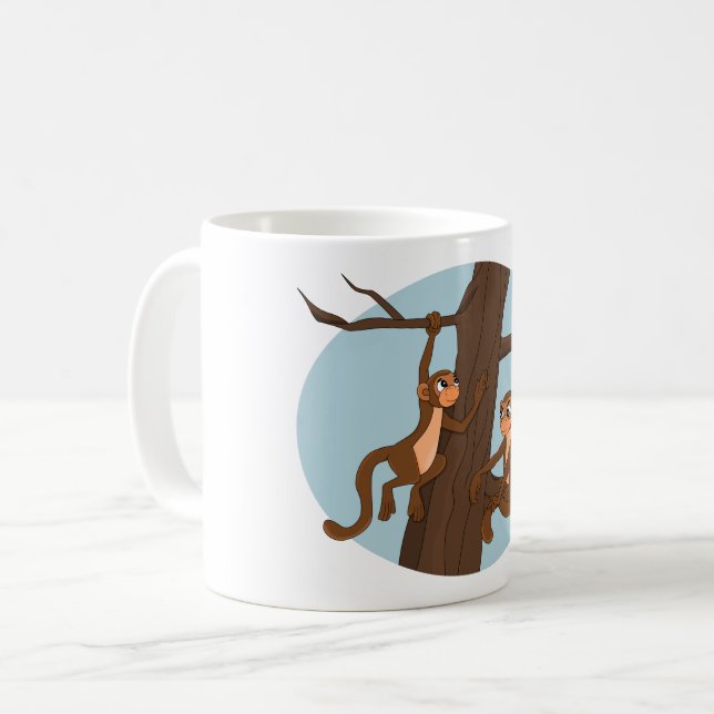 Caneca de café com desenho de macacos subindo na á (Frente Esquerda)