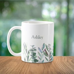 Caneca de Café com Eucalipto em Aquarela