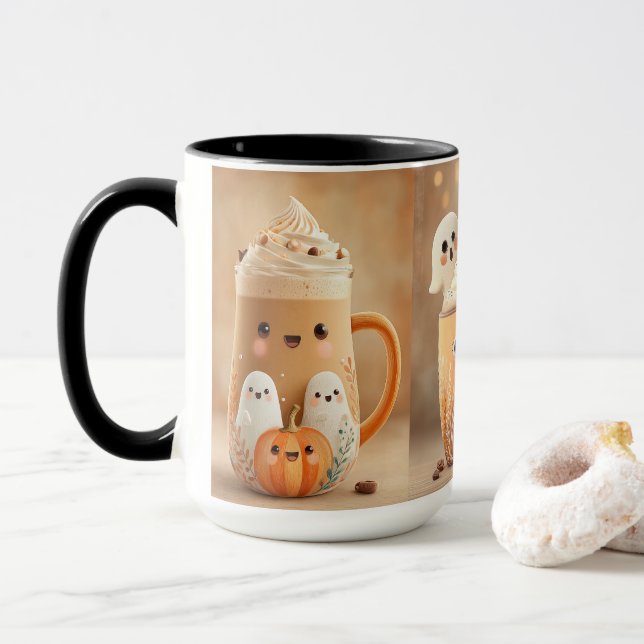 Caneca de Café com Fantasma Fofo e Abóbora (Com Donut)