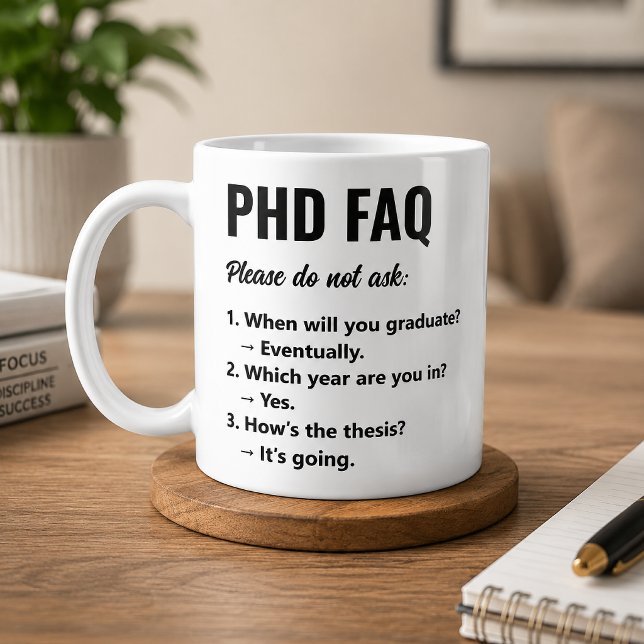 Caneca de café com FAQ de PhD engraçado para pesqu (Criador carregado)