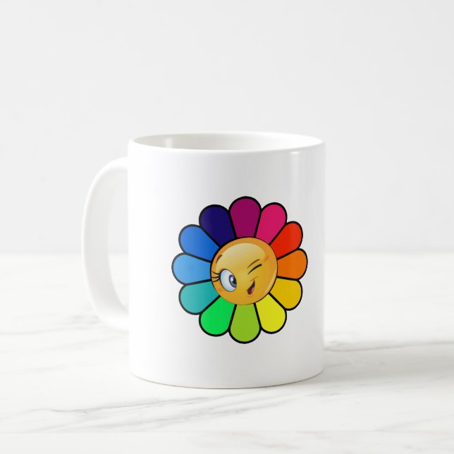 Caneca de Café com Flor de Arco-Íris Fofo Piscando (Frente Esquerda)