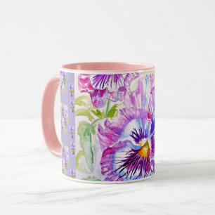 Caneca de Café com Flor de Pansy Roxa Pintada à Mã