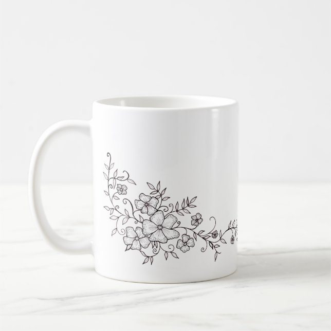 Caneca de Café com Flor Ornamental Preta e Branca (Esquerda)