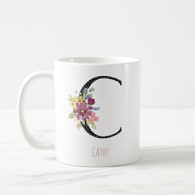 Caneca de Café com Floral e Monograma C em Pontos (Esquerda)
