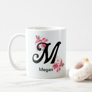 Caneca de Café com Floral M Monograma Letra Inicia