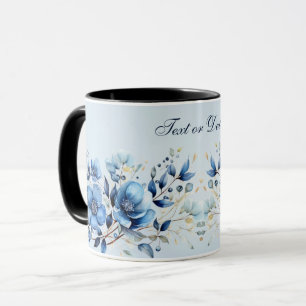 Caneca de Café com Flores Azuis em Aquarela