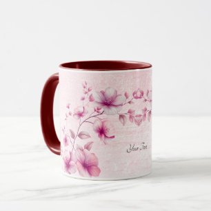 Caneca de Café com Flores Rosa em Aquarela