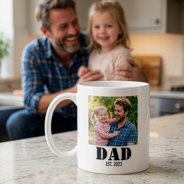 Caneca de Café com Fonte Negra e Simples em Negrit (Dad Established Simple Bold Black Text + Personalized Photo on Coffee Mug)