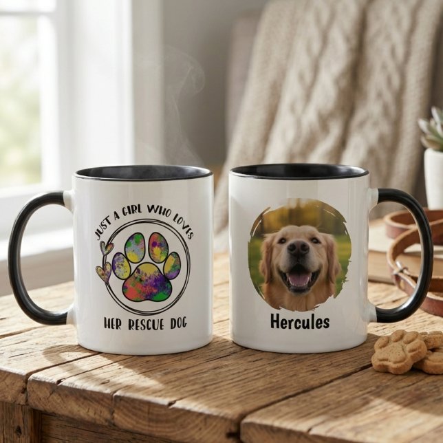 Caneca de Café com Foto de Pet – Presente para Mãe (Rescue dog mom pawprint photo mug)
