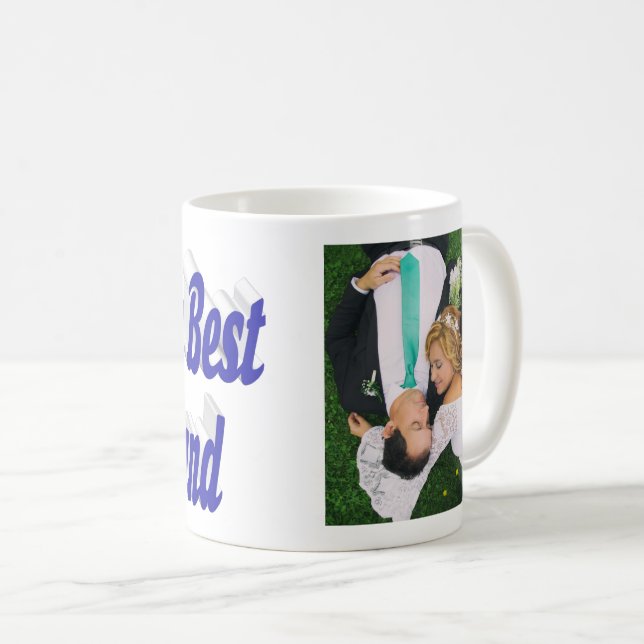 Caneca de café com foto do marido e texto azul (Frente Esquerda)