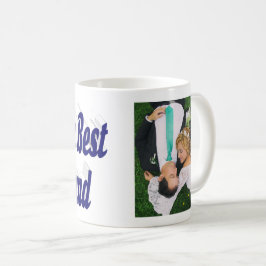 Caneca de café com foto do marido e texto em azul