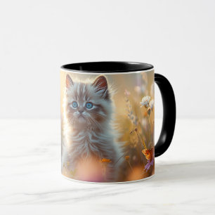 Caneca de Café com Gatinho Fofinho e Flores Silves