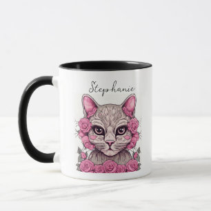 Caneca de café com gato e rosas cor-de-rosa