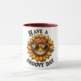 Caneca de café com girassol sorridente descolado