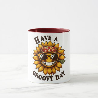 Caneca de café com girassol sorridente descolado