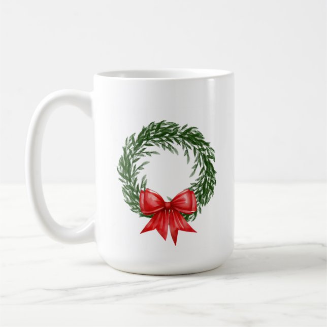 Caneca de café com grinalda de Natal e laço vermel (Esquerda)