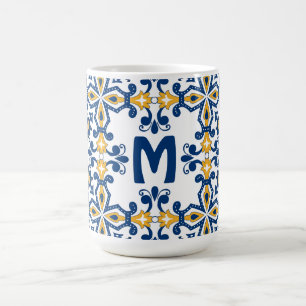 Caneca De Café Com 💛 inicial 💙 azul e amarelo Azulejos