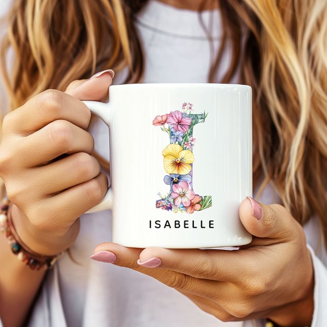 Caneca de Café com Inicial de Flores Personalizada (Custom Monogram Name Mug for Mom or Bridesmaids, Custom Floral Alphabet Mug for Teacher or Nurse)