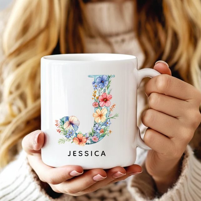 Caneca de Café com Inicial Floral Personalizada Pr (Custom Monogram Name Mug for Mom or Bridesmaids, Custom Floral Alphabet Mug for Teacher or Nurse)